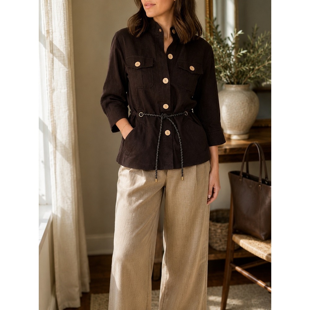Investments Petites Brown Linen Blend Safari Utility Jacket 4P Belted